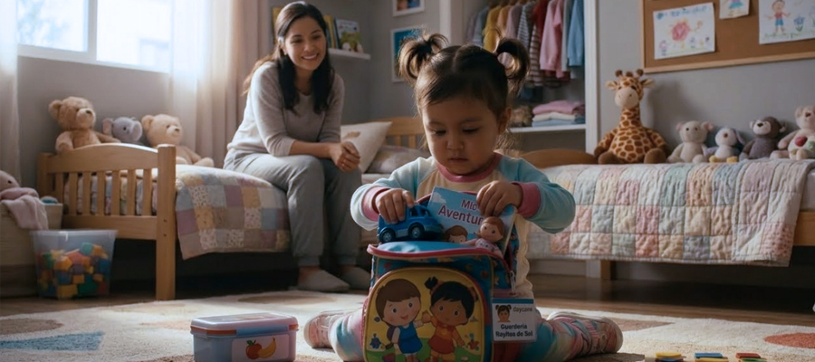 Preparando la mochila para ir a la guarderia